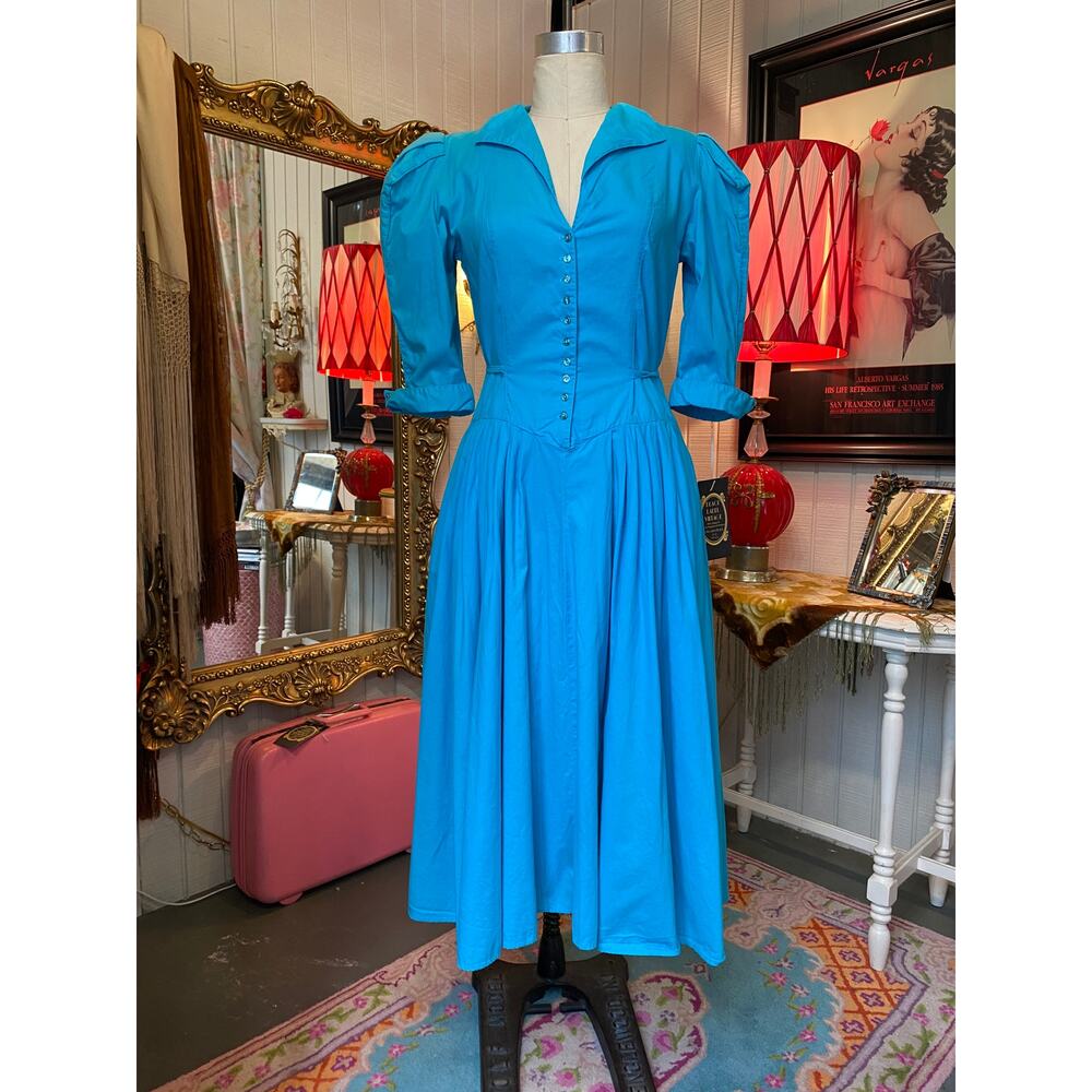 vintage 1980s turquoise cotton dress fit and flare puff sleeves 80s fashion med